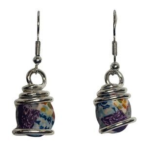Women’s Multicolored Painted Bead Silver Tone Twisted Dangle Vintage Earrings